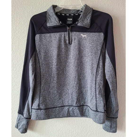 Victoria’s Secret Pink Pull Over Jacket SZ Medium 1/4 Zip Thumb Holes Gray Logo - Picture 1 of 9